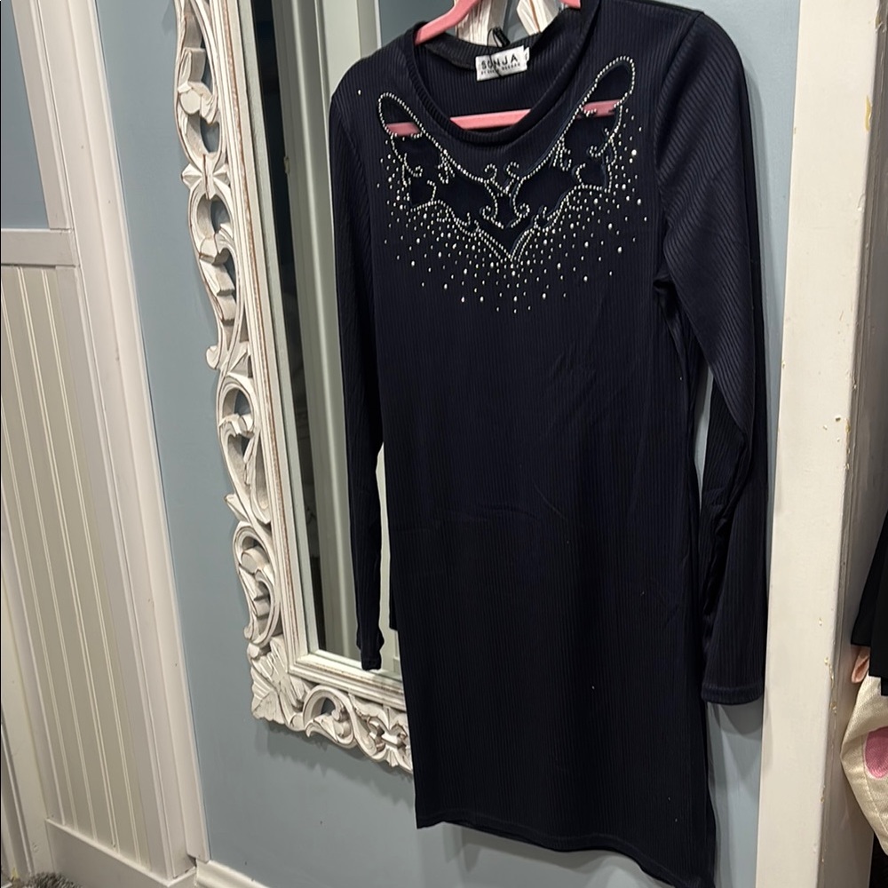 Black Long Sleeve Dress with Rhinestone Detail